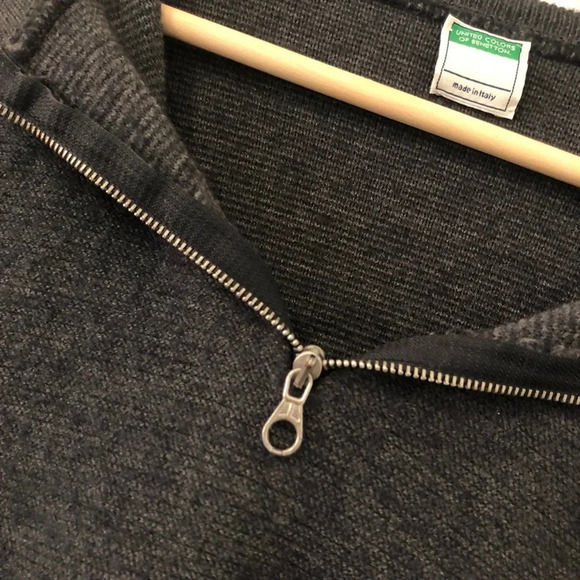 Italian Wool Blend Benetton Quarter Zip Collar Gray Sweater Medium M - Picture 7 of 8